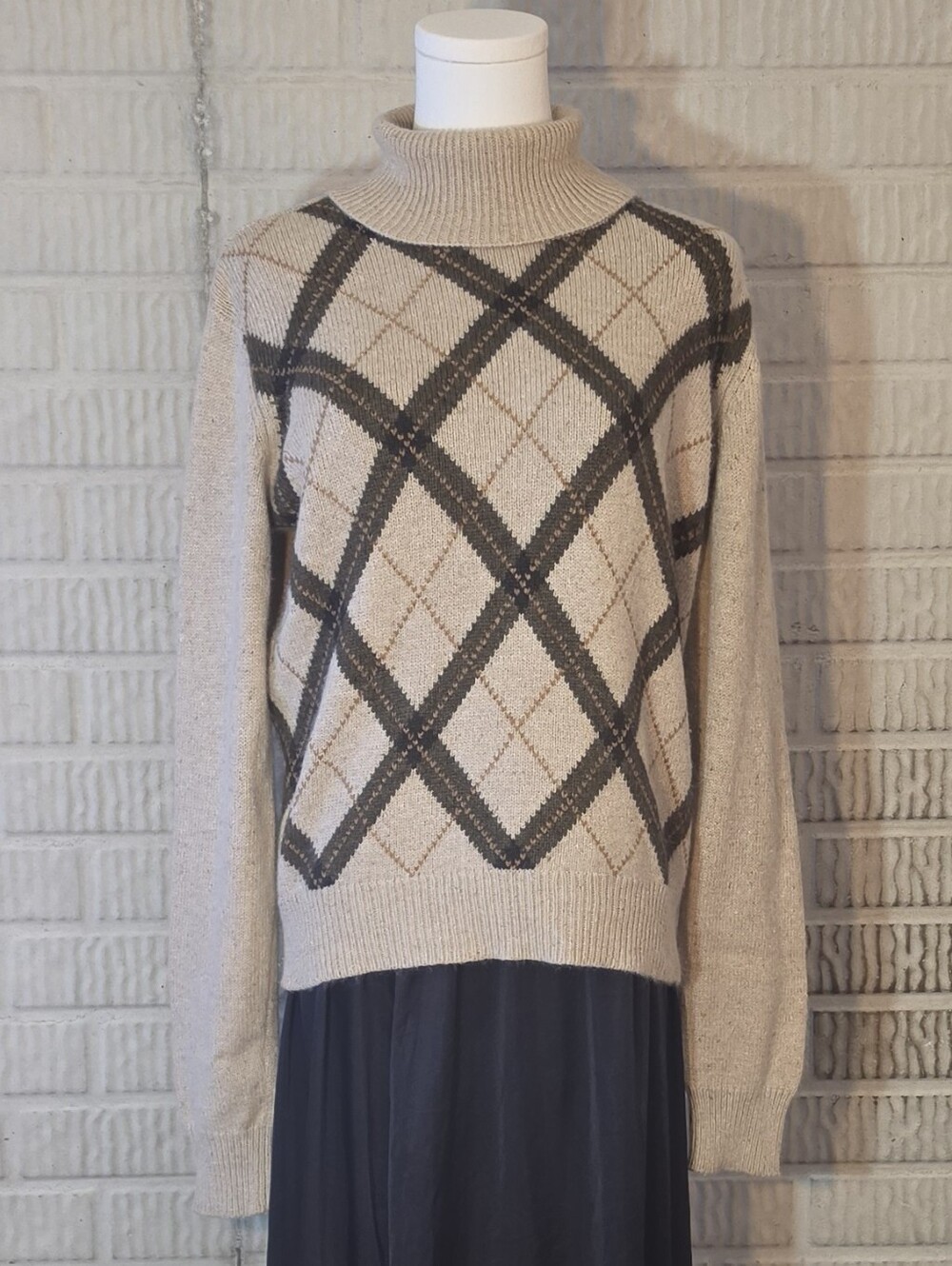 Vintage Tan Argyle Turtleneck Sweater Angora Blend Medium